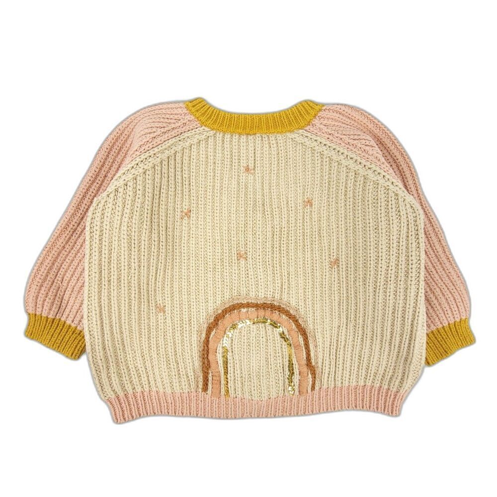 WILD WAWA Rainbow Cardigan Button Down Sweater Natural/Old Rose Toddler Girl 3/4